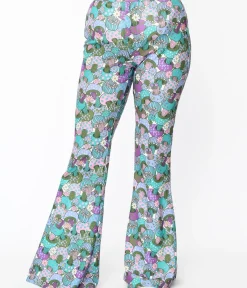 Unique Vintage Pants>Smak Parlour 1970s Teal Groovy Mushrooms Find Your Flare Pants