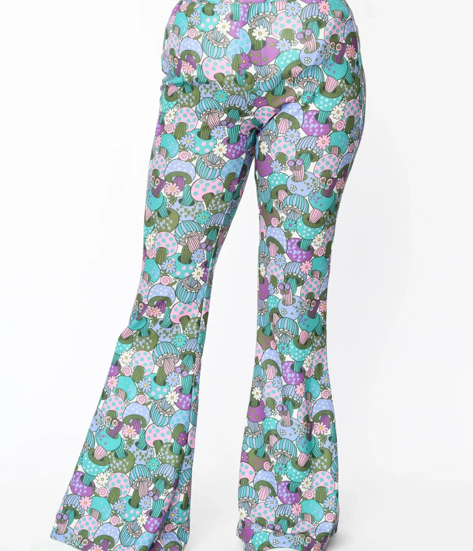 Unique Vintage Pants>Smak Parlour 1970s Teal Groovy Mushrooms Find Your Flare Pants