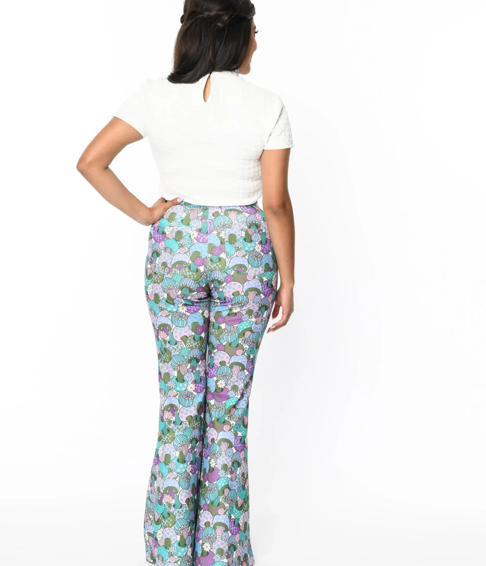 Unique Vintage Pants>Smak Parlour 1970s Teal Groovy Mushrooms Find Your Flare Pants