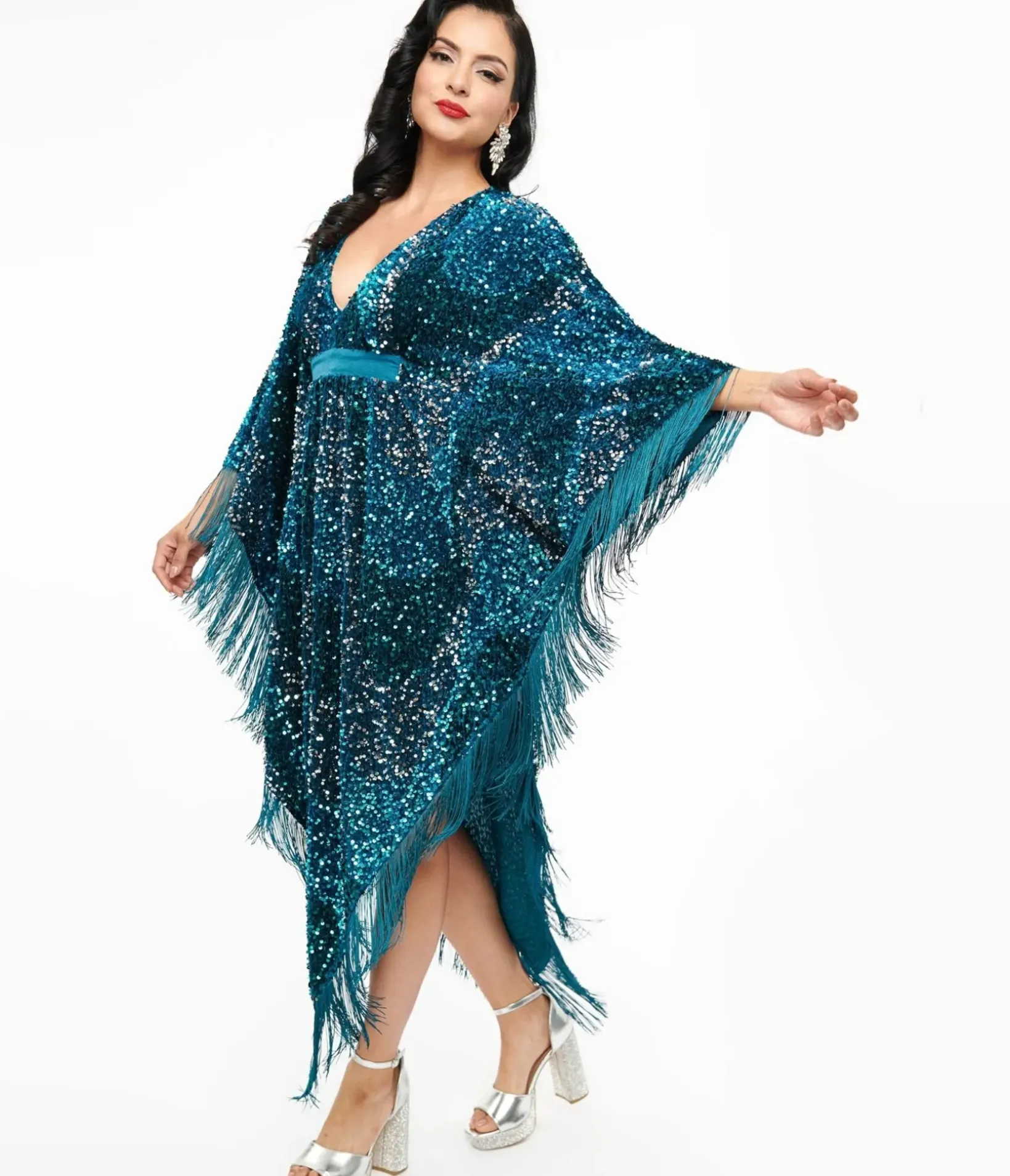Unique Vintage Maxi|Caftans>Smak Parlour 1970s Teal Sequin Fringe Caftan Dress
