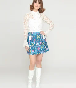 Unique Vintage Skirts>Smak Parlour 1960s Teal Wallpaper Floral Print Mod Skirt