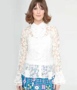 Unique Vintage Blouses|Work Wear>Smak Parlour 1960s White Daisy Ruffle Blouse