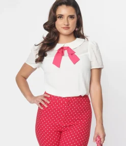 Unique Vintage Blouses|Work Wear>Smak Parlour 1960s White & Pink Collared Bow Blouse