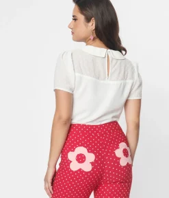 Unique Vintage Blouses|Work Wear>Smak Parlour 1960s White & Pink Collared Bow Blouse