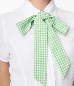 Unique Vintage Work Wear>Smak Parlour White & Green Gingham Chiffon Power Play Blouse