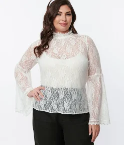Unique Vintage Work Wear>Smak Parlour White Lace Bell Sleeve Blouse