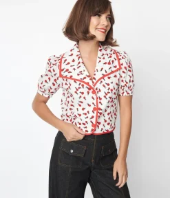 Unique Vintage Blouses>Smak Parlour White & Ladybug Print Wide Lapel Collar Blouse