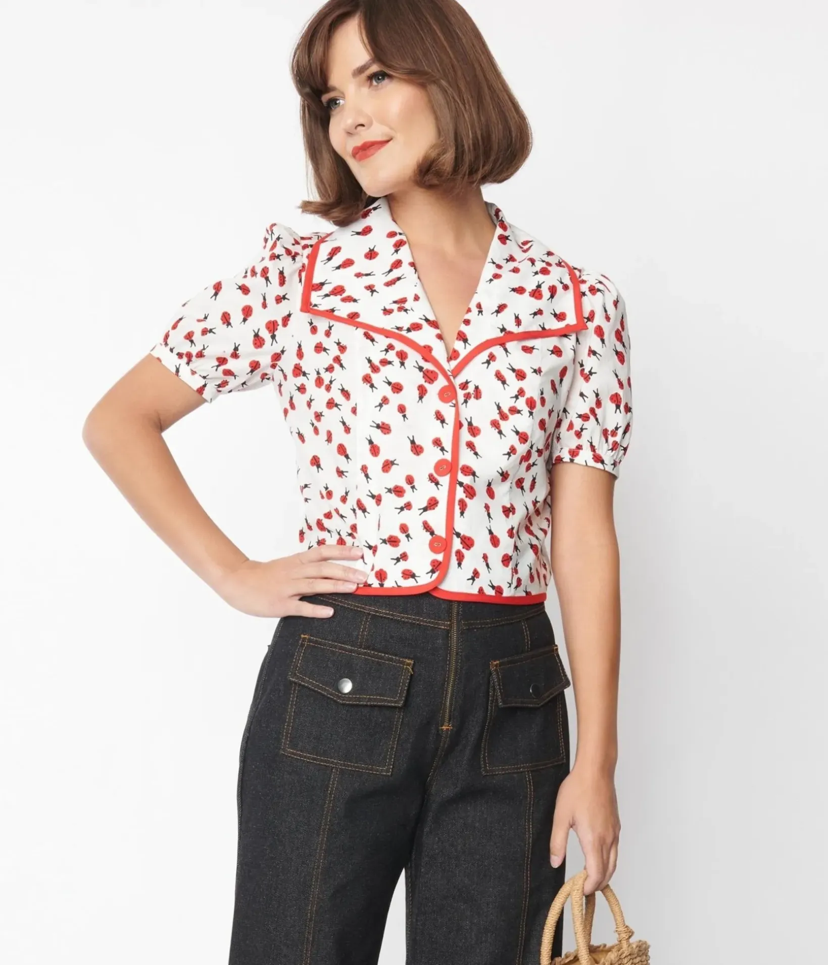 Unique Vintage Blouses>Smak Parlour White & Ladybug Print Wide Lapel Collar Blouse