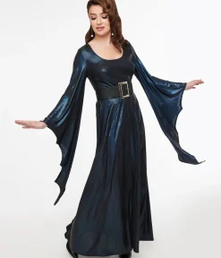 Unique Vintage Maxi|Everyday Dresses>Smak Parlour Y2K Iridescent Dark Blue Bat Wing Sleeve Maxi Dress