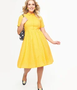 Unique Vintage Swing|Everyday Dresses>1950s Marigold Eyelet Cotton Harlow Dress