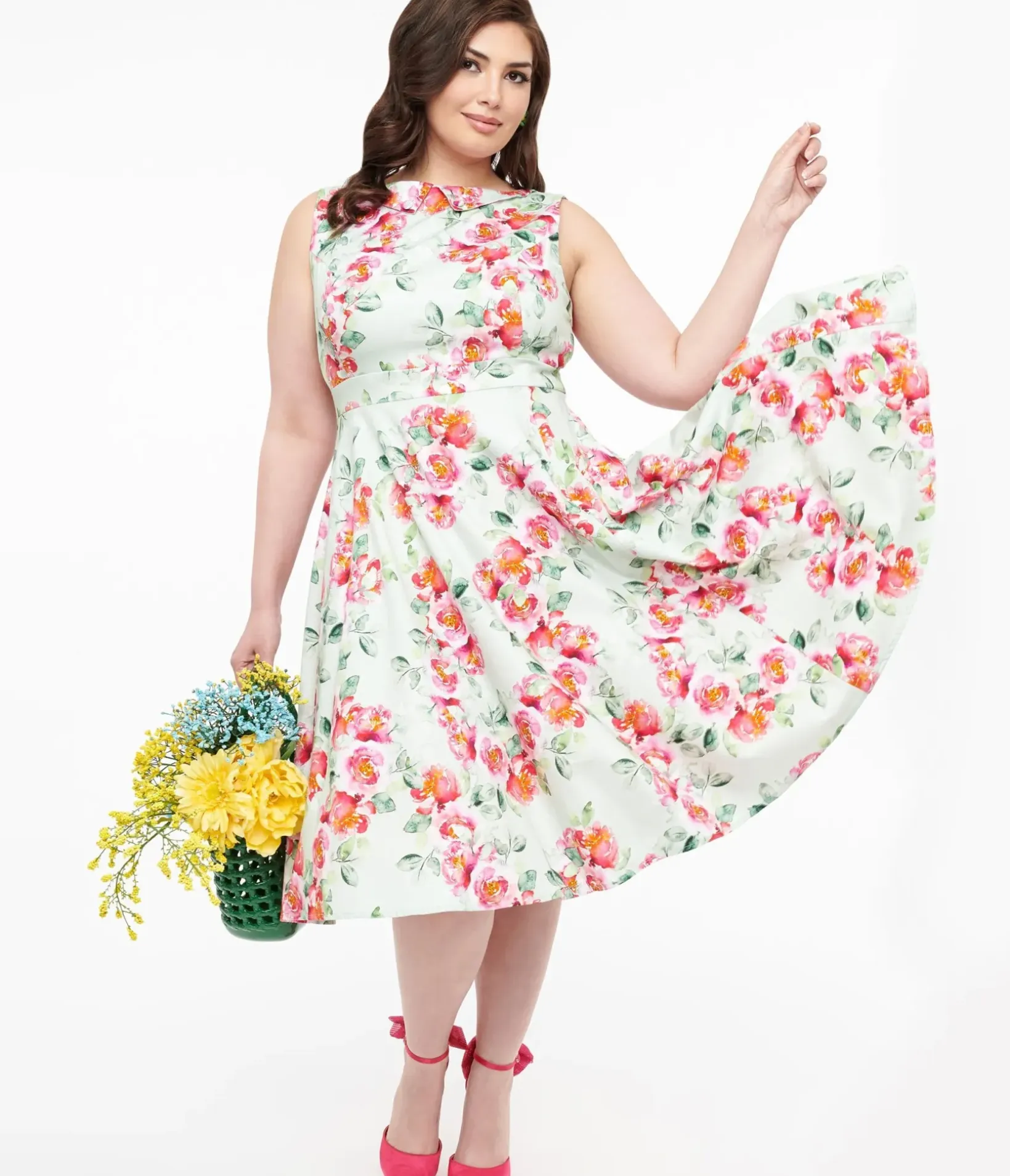 Unique Vintage Swing|Pocket Dresses>1950s Mint Green & Pink Floral Print Cotton Marissa Swing Dress