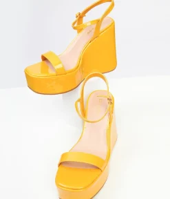 Unique Vintage Heels|Wedges>1990s Mustard Yellow Leatherette Platform Sandal Wedge