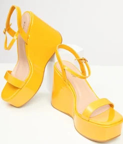 Unique Vintage Heels|Wedges>1990s Mustard Yellow Leatherette Platform Sandal Wedge