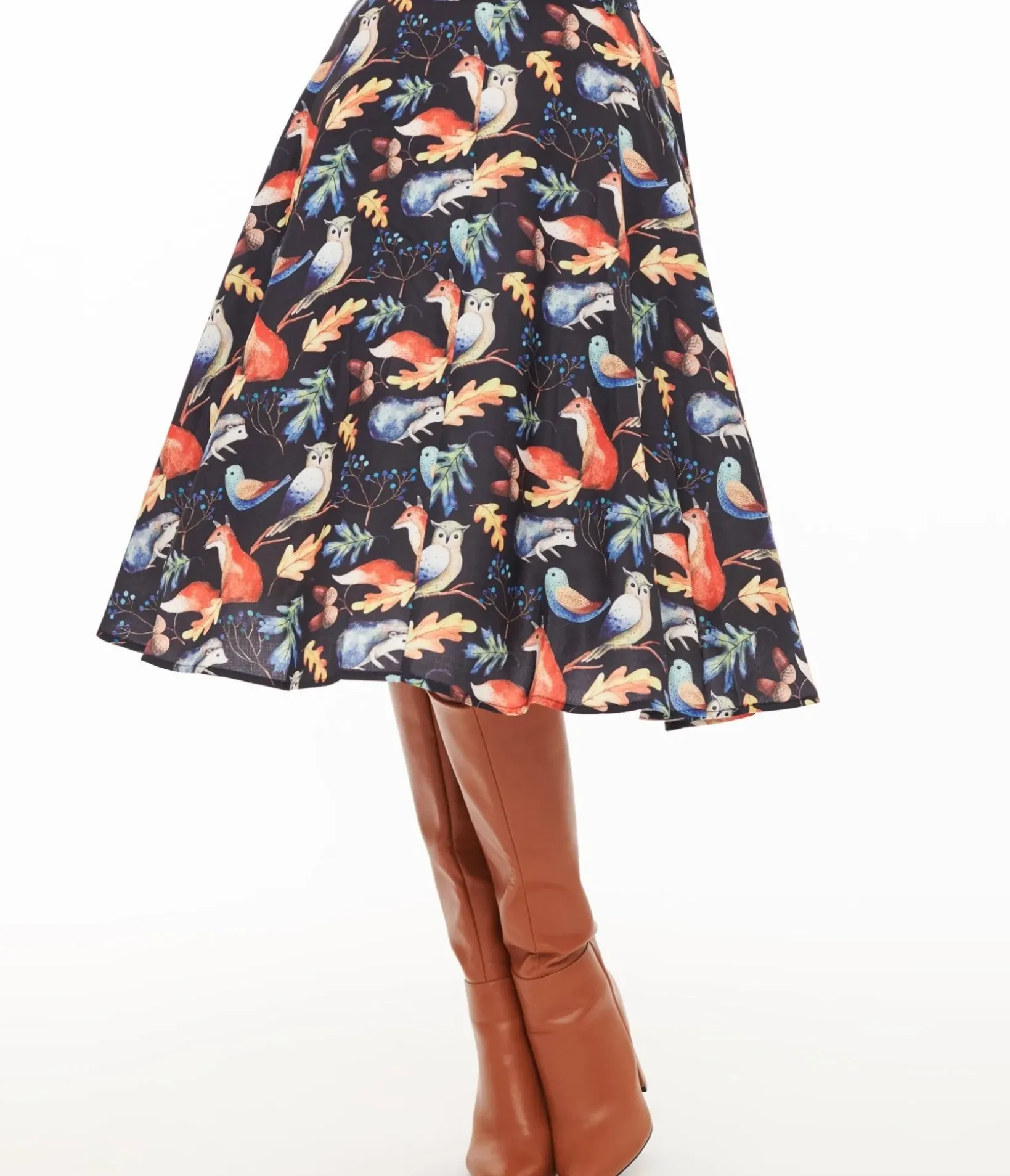 Unique Vintage Skirts>1950s Navy Fox Print Swing Skirt