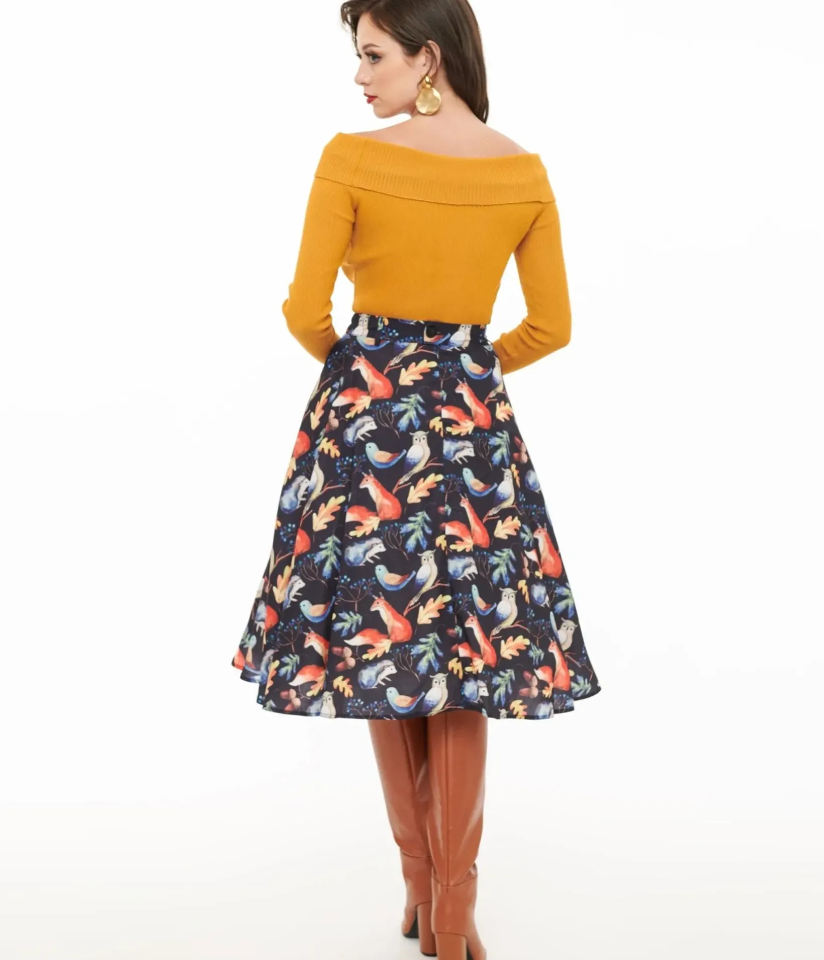 Unique Vintage Skirts>1950s Navy Fox Print Swing Skirt