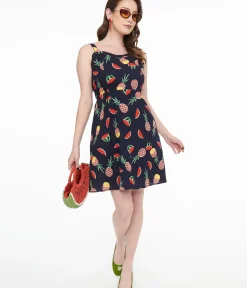 Unique Vintage Fit & Flare|Pocket Dresses>1950s Navy Fruit Print Fit & Flare Dress