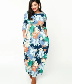 Unique Vintage Maxi|Pocket Dresses>1970s Navy & Multicolor Floral Knit Maxi Dress