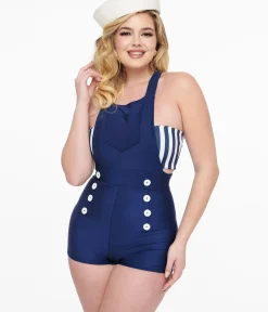 Unique Vintage Two Piece Swim>1950s Navy Overall Halter Pants & Striped Tube Top Swim Set