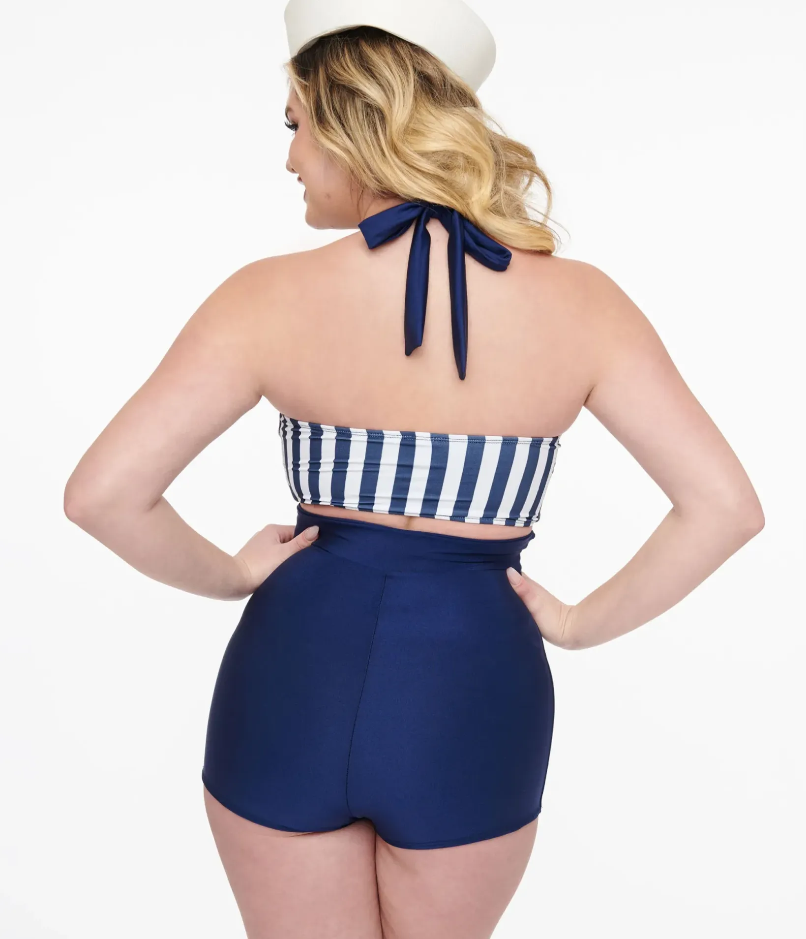 Unique Vintage Two Piece Swim>1950s Navy Overall Halter Pants & Striped Tube Top Swim Set