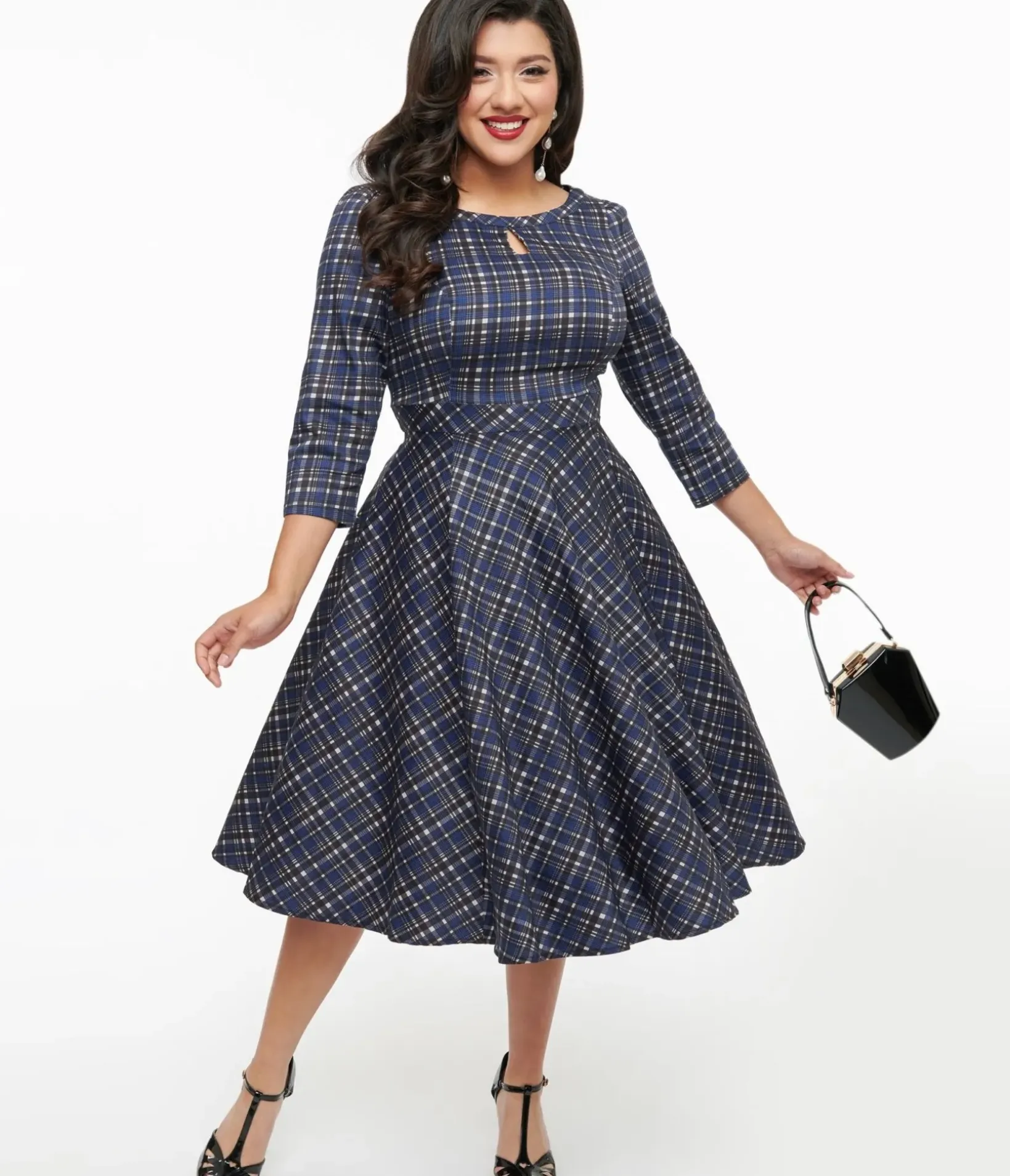 Unique Vintage Swing|Pocket Dresses>1950s Navy Plaid Anna Swing Dress