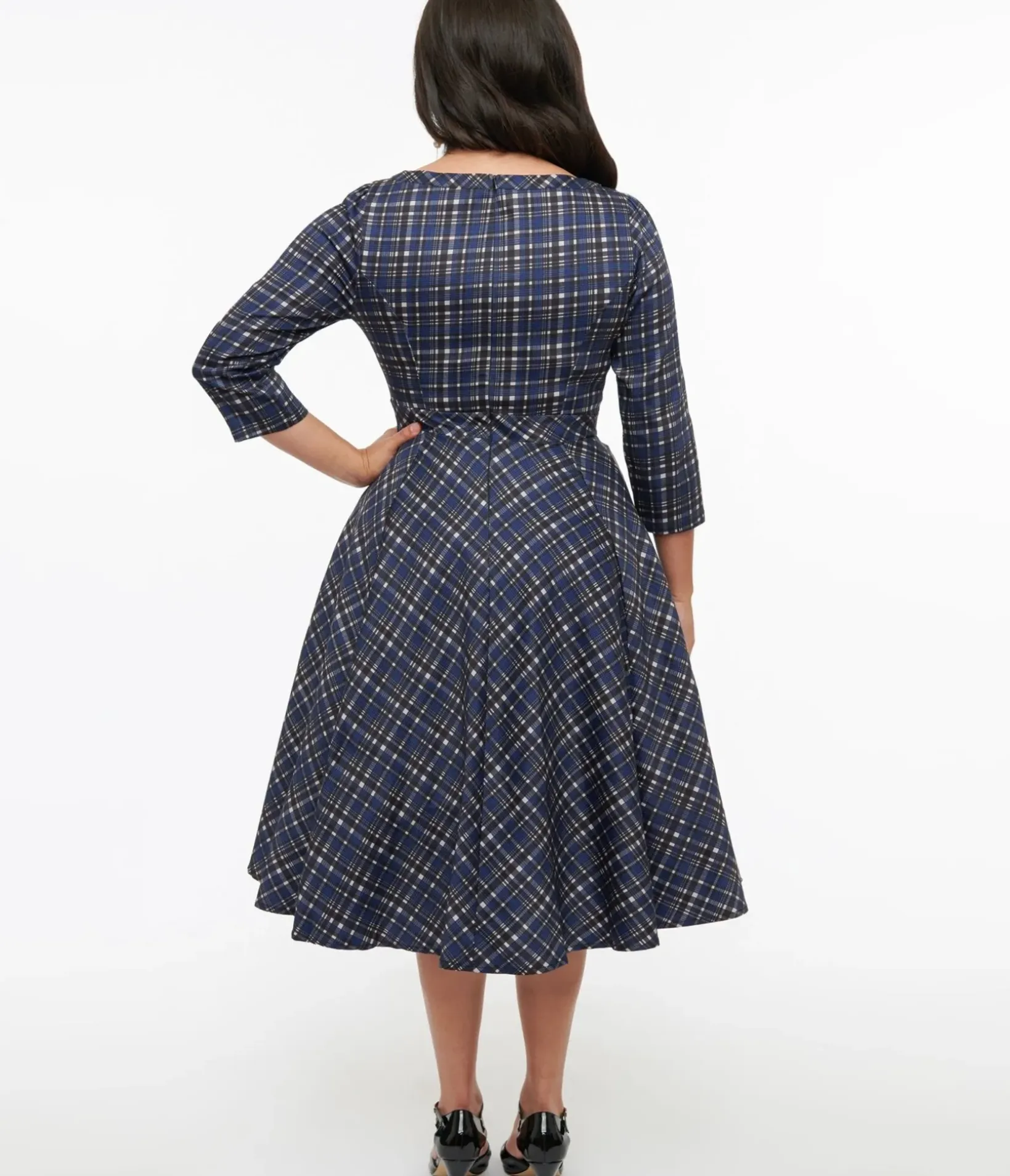 Unique Vintage Swing|Pocket Dresses>1950s Navy Plaid Anna Swing Dress