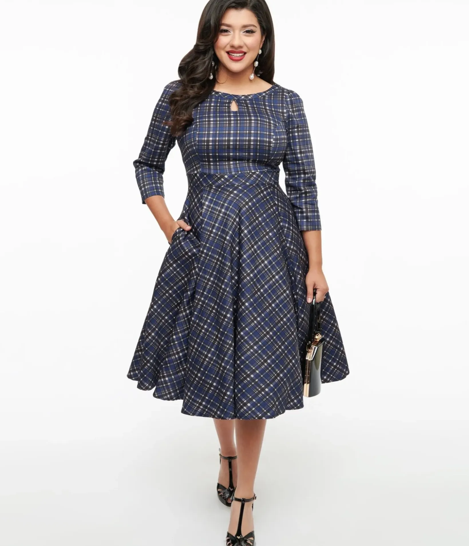 Unique Vintage Swing|Pocket Dresses>1950s Navy Plaid Anna Swing Dress