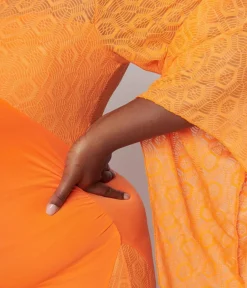 Unique Vintage Maxi|Midi & Maxi>1970s Neon Orange Lace Maxi Dress