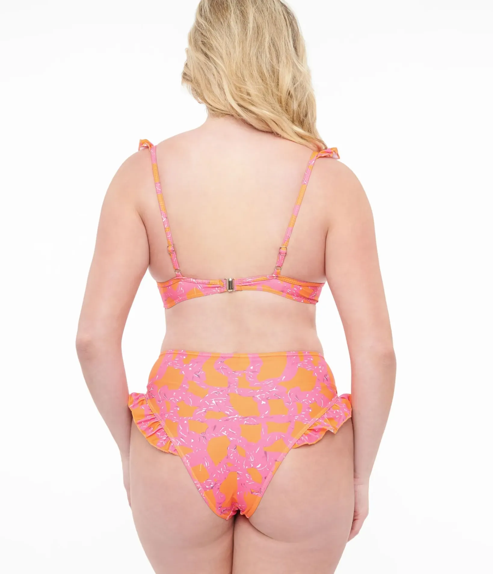 Unique Vintage Two Piece Swim|All Things Pink>1970s Neon Pink & Neon Orange Two Piece Swimsuit Set & Coverup Skirt