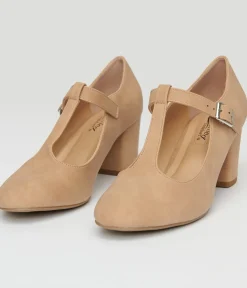 Unique Vintage Special Occasion|Heels>1920s Nude Suede T-Strap Mary Jane Heels