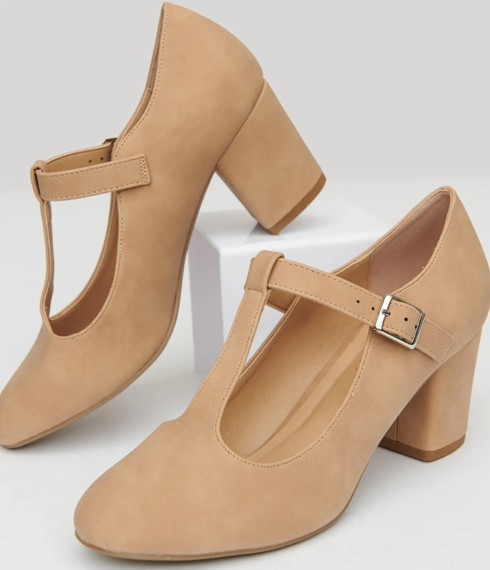 Unique Vintage Special Occasion|Heels>1920s Nude Suede T-Strap Mary Jane Heels
