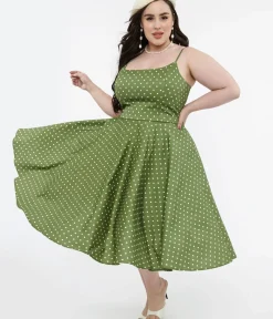 Unique Vintage Swing|Pocket Dresses>1950s Olive Green & White Polka Dot Peggy Cotton Swing Dress