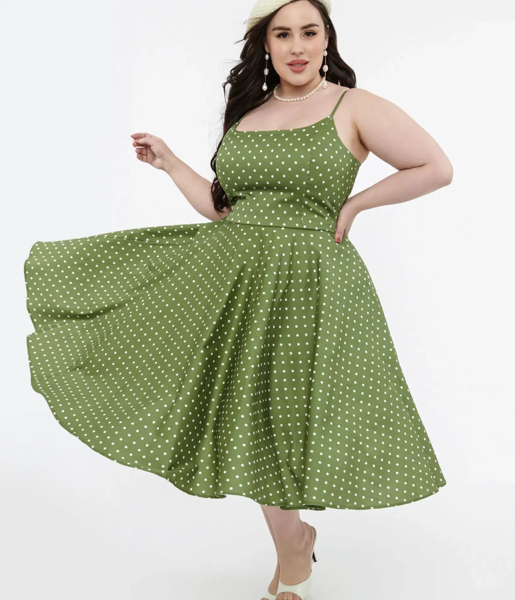 Unique Vintage Swing|Pocket Dresses>1950s Olive Green & White Polka Dot Peggy Cotton Swing Dress