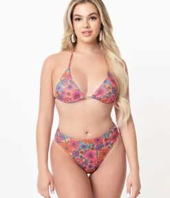 Unique Vintage Swim Bottoms>1970s Orange & Floral High Leg Swim Bottoms