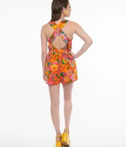 Unique Vintage Rompers & Jumpsuits|Rompers & Jumpsuits>1970s Orange Floral Surplice Idalia Honey Romper