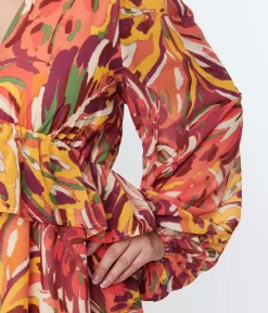Unique Vintage Maxi|Midi & Maxi>1970s Orange & Multicolor Leaf Maxi Dress