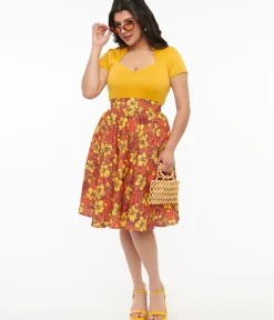 Unique Vintage Skirts|Skirts>1950s Orange & Yellow Tropical Floral Mimosa Swing Skirt