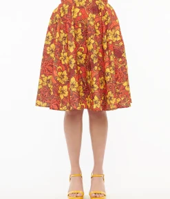Unique Vintage Skirts|Skirts>1950s Orange & Yellow Tropical Floral Mimosa Swing Skirt