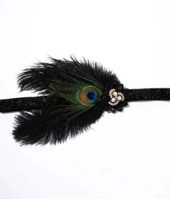 Unique Vintage Special Occasion|Flapper Accessories>1920s Peacock Feather & Pearl Gem Flapper Headband