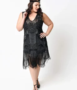 Unique Vintage Special Occasion|Flapper Dresses>Special Order- Plus Size 1920s Style Black Hand Beaded Fringe Bosley Flapper Dress
