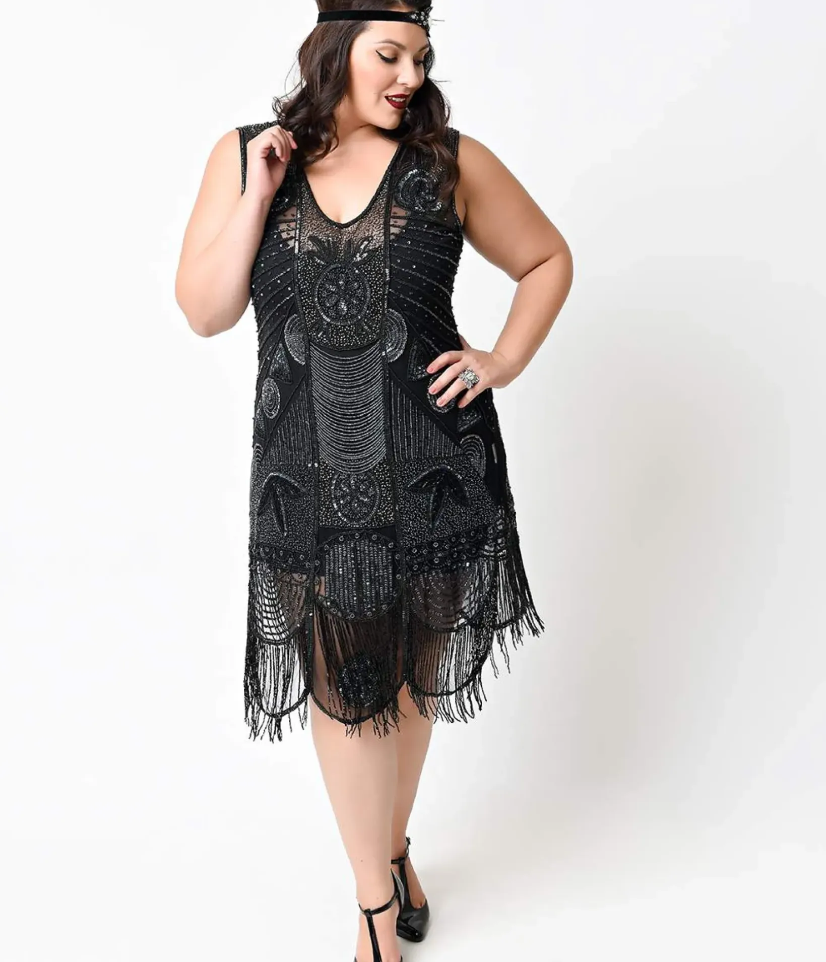 Unique Vintage Special Occasion|Flapper Dresses>Special Order- Plus Size 1920s Style Black Hand Beaded Fringe Bosley Flapper Dress