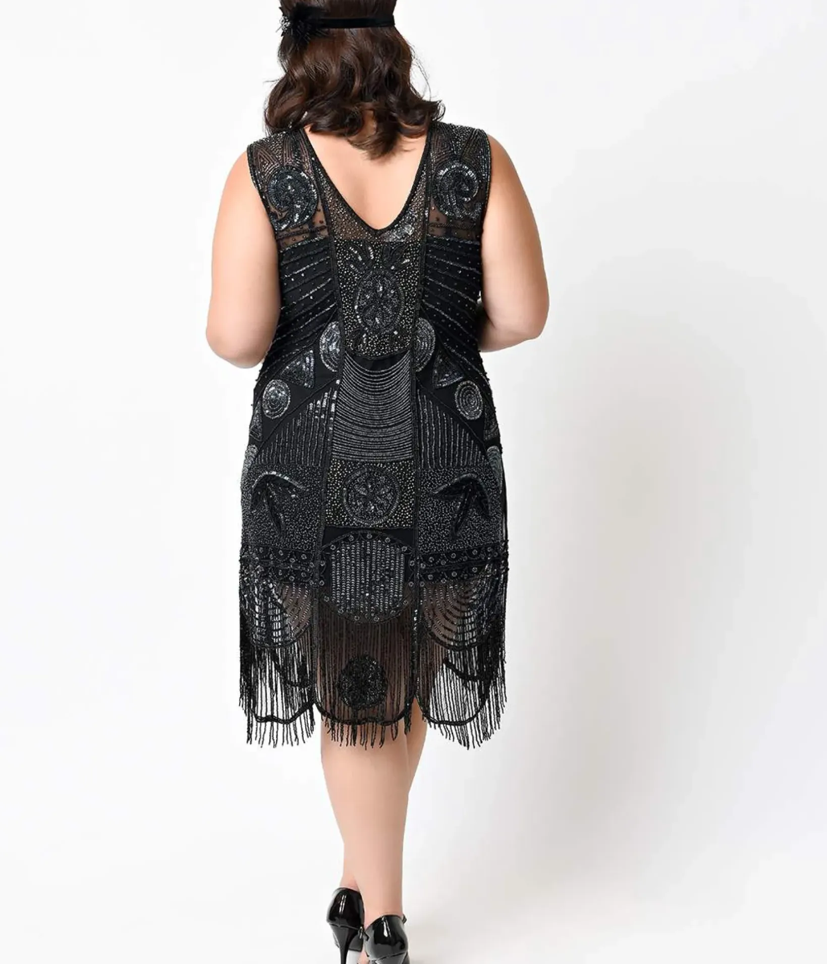 Unique Vintage Special Occasion|Flapper Dresses>Special Order- Plus Size 1920s Style Black Hand Beaded Fringe Bosley Flapper Dress