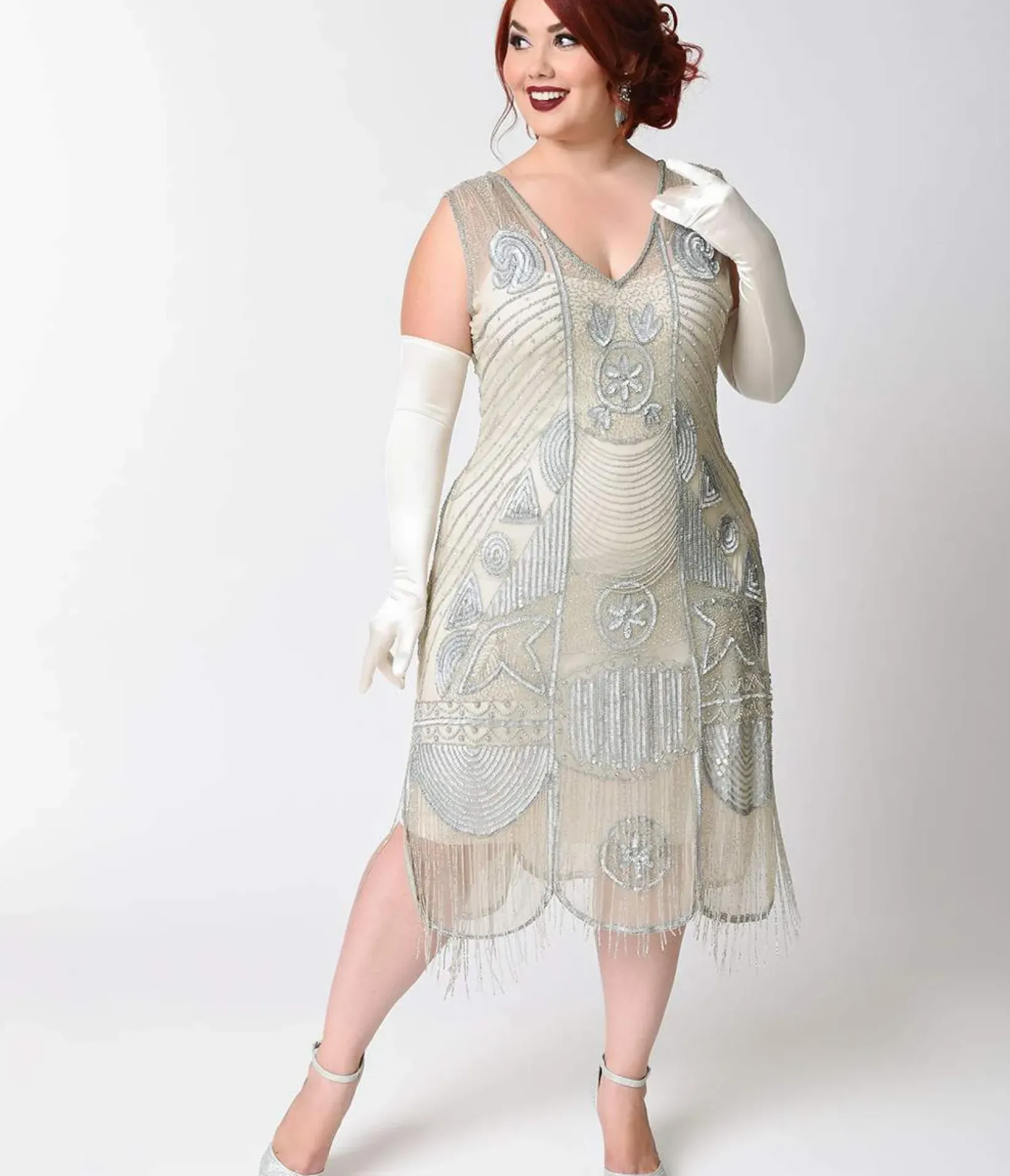 Unique Vintage Everyday Dresses|Special Occasion>Special Order - Plus Size 1920s Style Silver Hand Beaded Fringe Bosley Flapper Dress