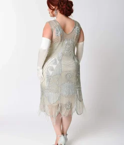 Unique Vintage Everyday Dresses|Special Occasion>Special Order - Plus Size 1920s Style Silver Hand Beaded Fringe Bosley Flapper Dress