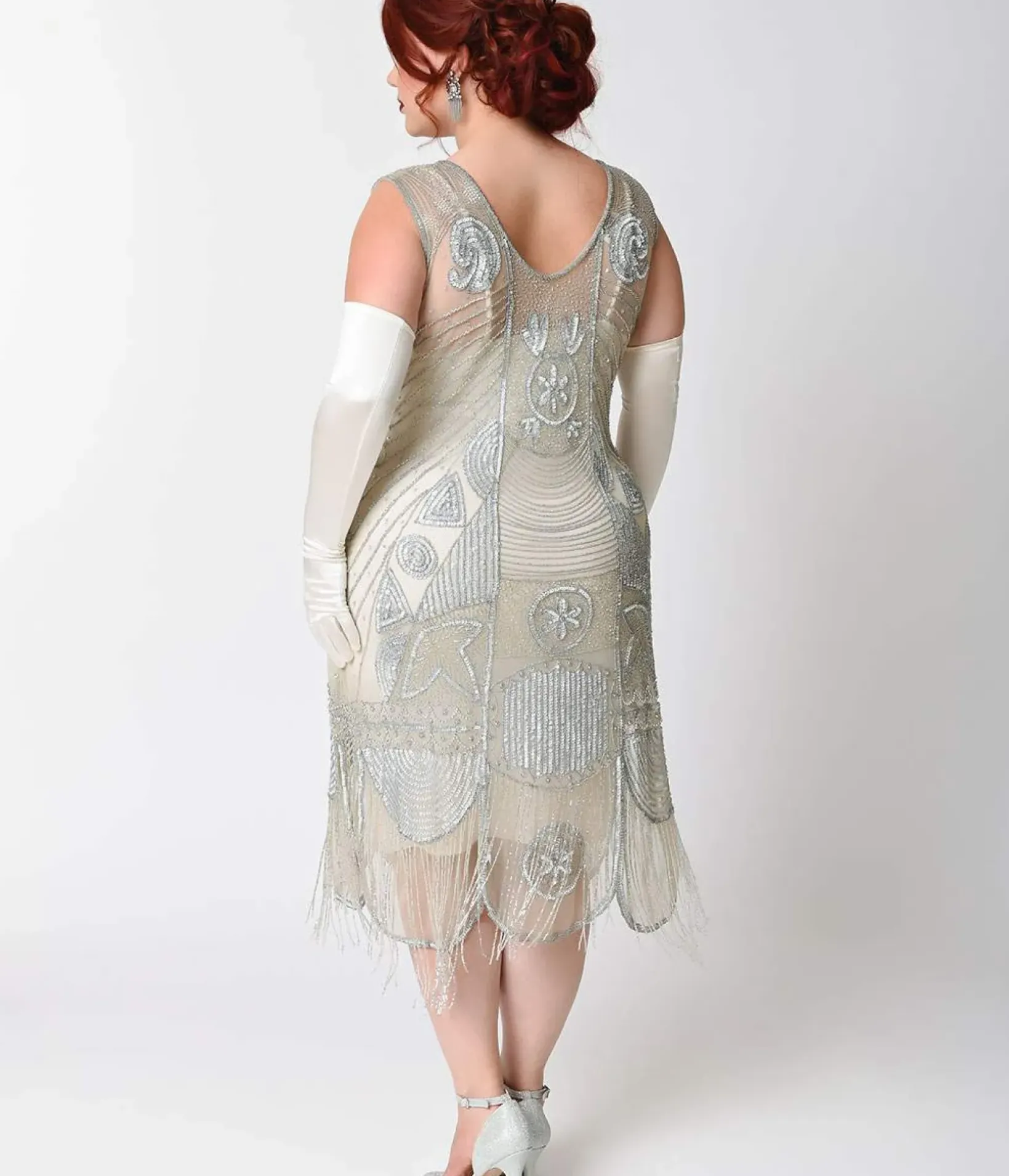 Unique Vintage Everyday Dresses|Special Occasion>Special Order - Plus Size 1920s Style Silver Hand Beaded Fringe Bosley Flapper Dress