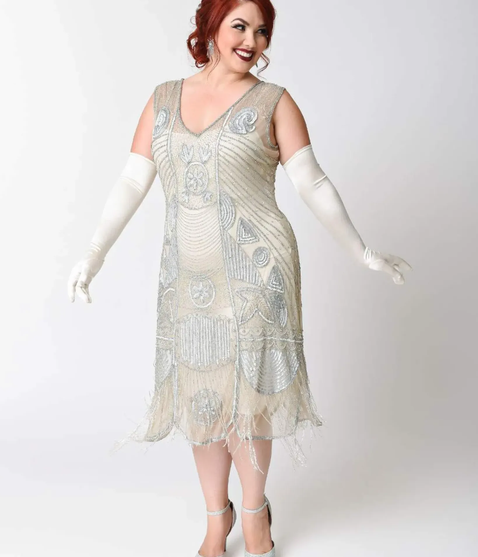 Unique Vintage Everyday Dresses|Special Occasion>Special Order - Plus Size 1920s Style Silver Hand Beaded Fringe Bosley Flapper Dress
