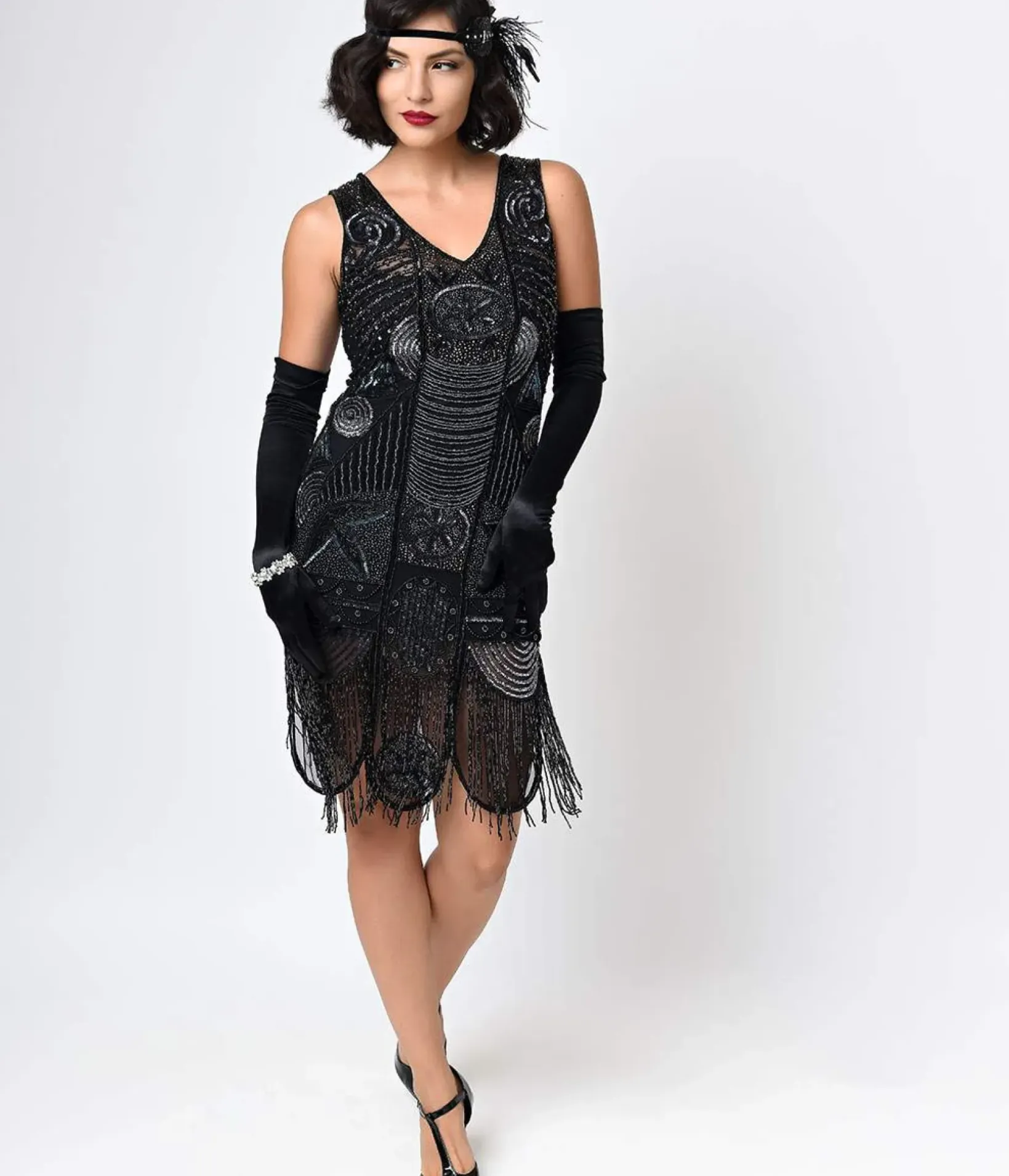 Unique Vintage Everyday Dresses|Special Occasion>Special Order- 1920s Style Black Hand Beaded Fringe Bosley Flapper Dress