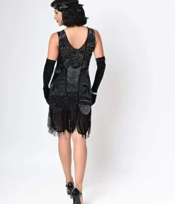 Unique Vintage Everyday Dresses|Special Occasion>Special Order- 1920s Style Black Hand Beaded Fringe Bosley Flapper Dress