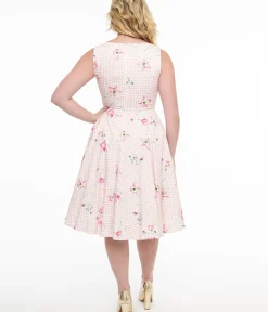 Unique Vintage Swing|Pocket Dresses>1950s Pink Gingham & Floral Cotton Swing Dress