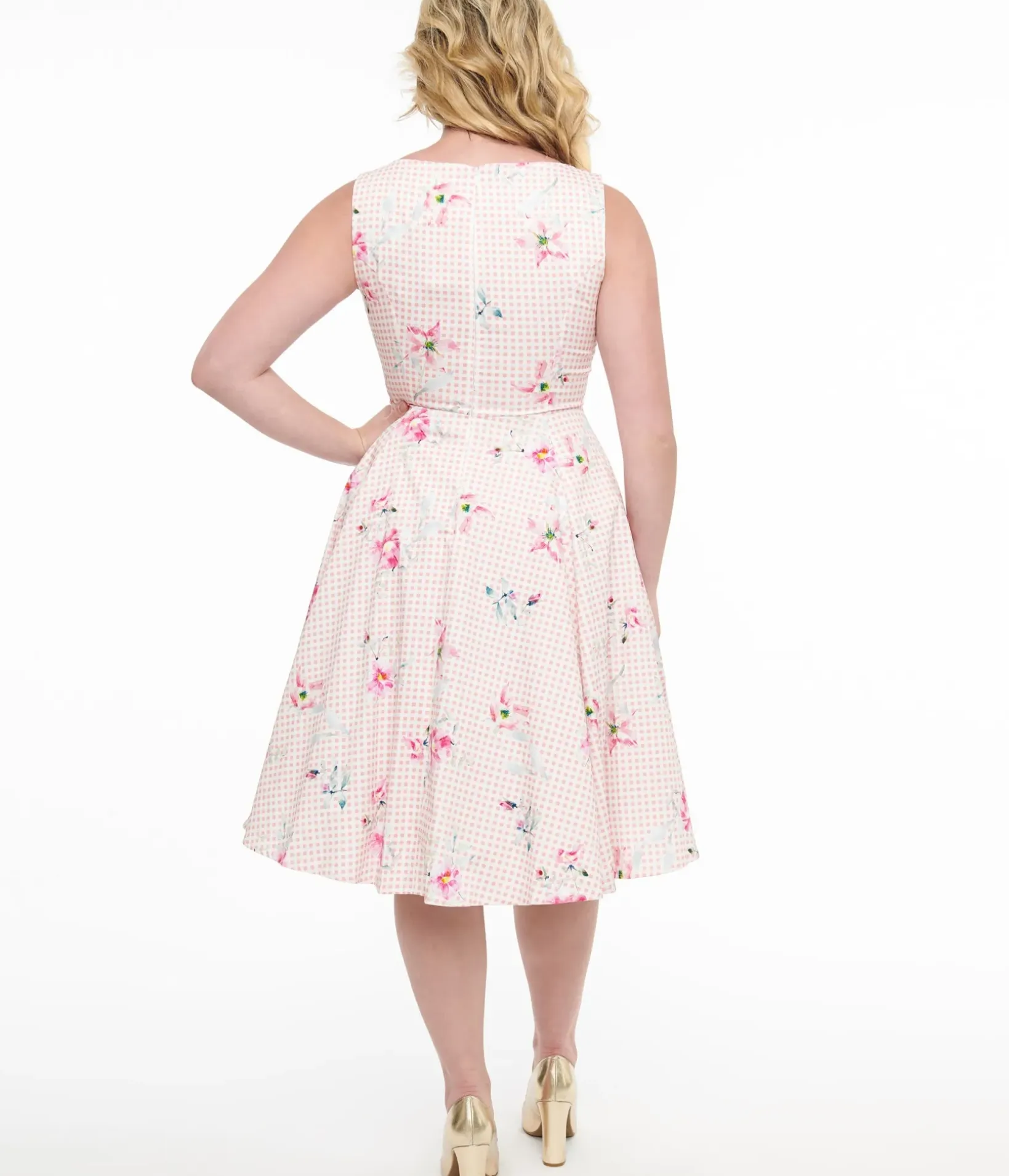 Unique Vintage Swing|Pocket Dresses>1950s Pink Gingham & Floral Cotton Swing Dress