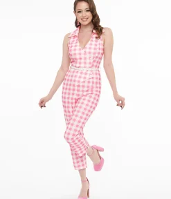 Unique Vintage Rompers & Jumpsuits|All Things Pink>1950s Pink Gingham Sleeveless Jumpsuit